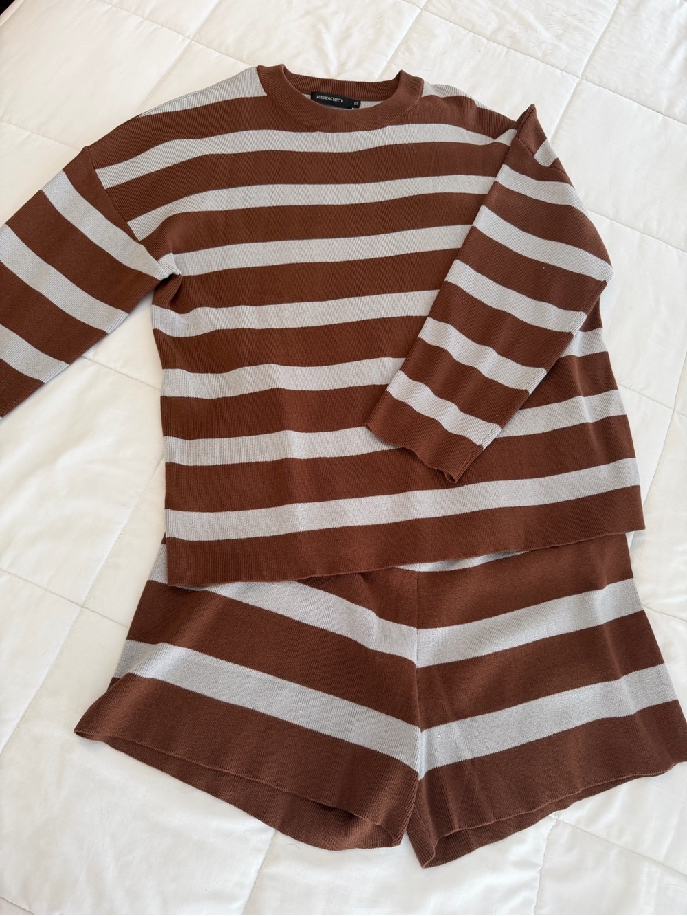 Striped Brown & Grey Women's Knit Short Set